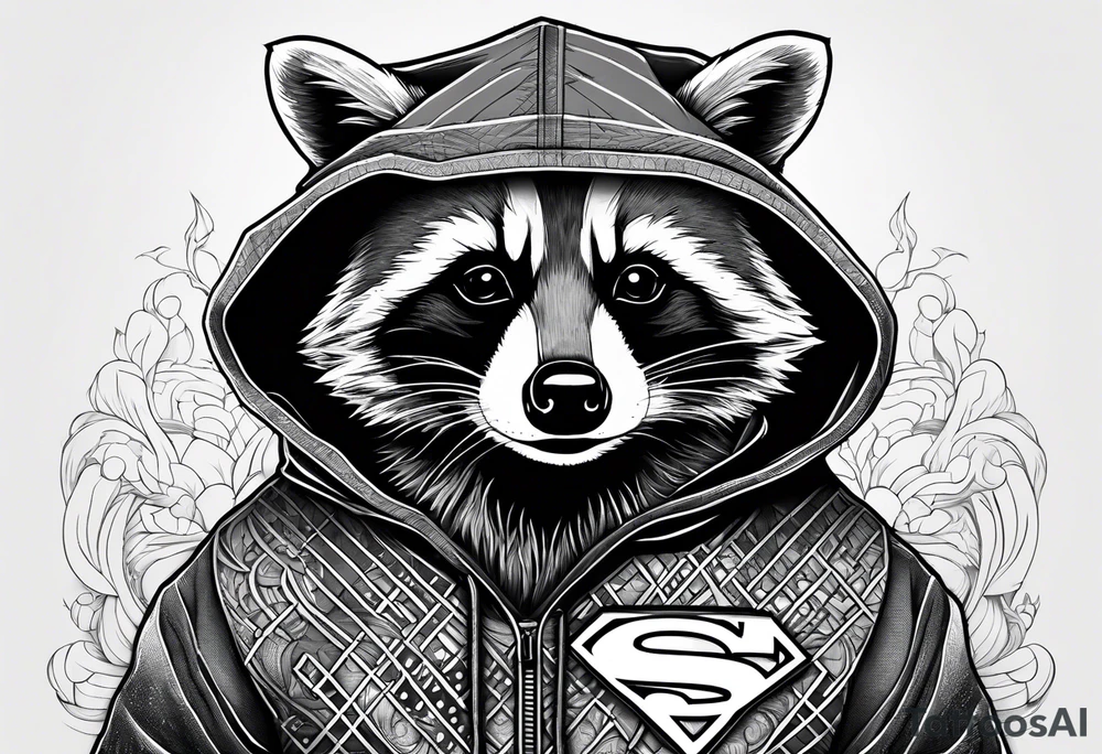 raccoon wearing a Superman hoodie tattoo idea