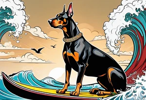 doberman smoking a cigar on a surfboard with a goat with larger horns tattoo idea