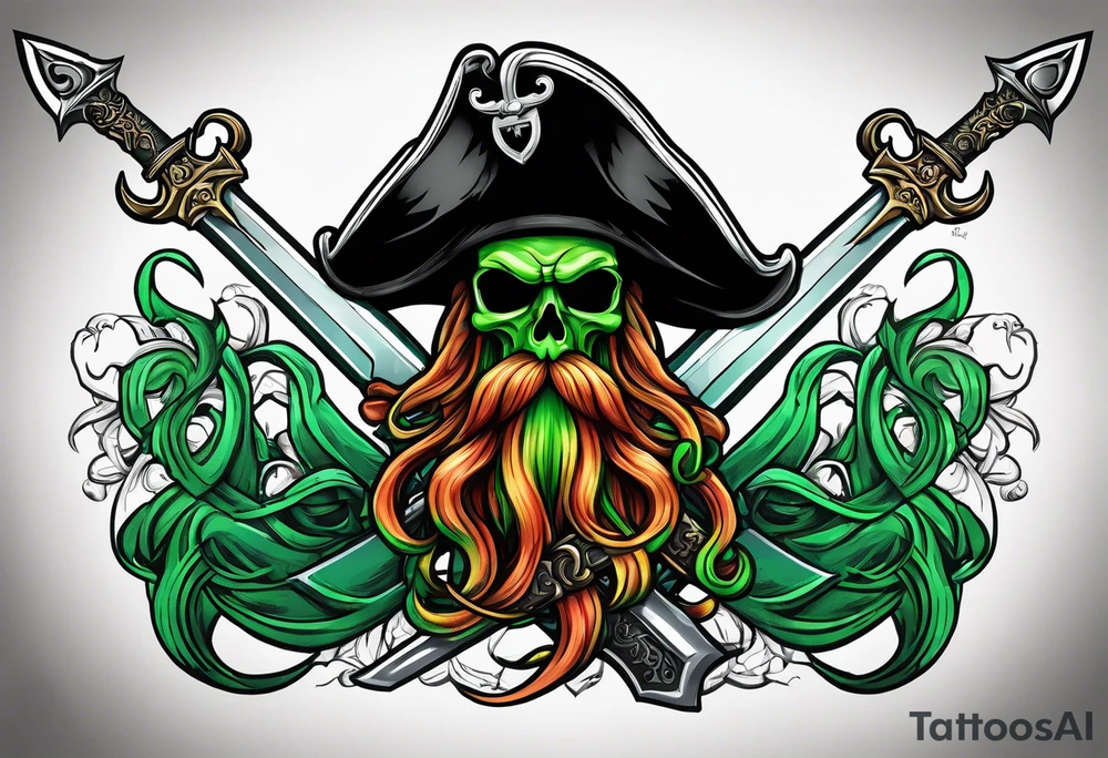 green pirate squid holding bloody sword and anchor, black hat, beard tattoo idea