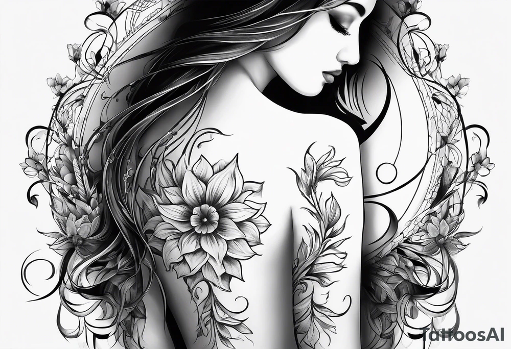 Tattoo on Woman’s Spine fine line, flower, moon, balance, eternity, perfection, love, patience, rising out of suffering tattoo idea