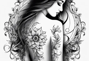 Tattoo on Woman’s Spine fine line, flower, moon, balance, eternity, perfection, love, patience, rising out of suffering tattoo idea