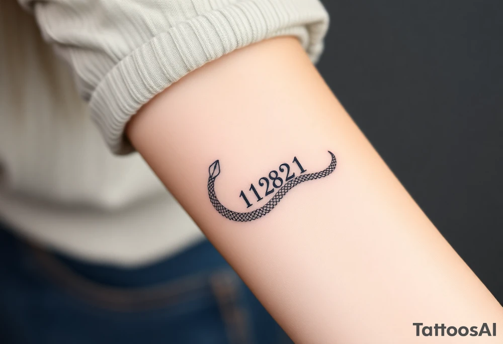 I want a small simple silhouette lines black and white wrist princess like girl snake tattoo that has number 12821 on its body along and also I want it to represent feminine energy crown queen Cycle tattoo idea