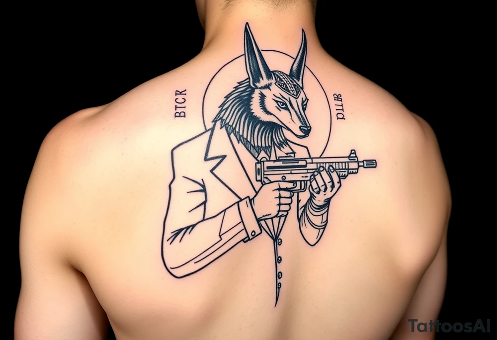 "Anubis in a 1920s gangster pinstripe suit, holding a tommy gun. His jackal head is half-cyborg (exposed circuits). Hieroglyph background spells 'BTC TO THE MOON'.  

Style: Art Deco meets cyber-Egyptian. Black/red/gold ink. Forearm sleeve." tattoo idea