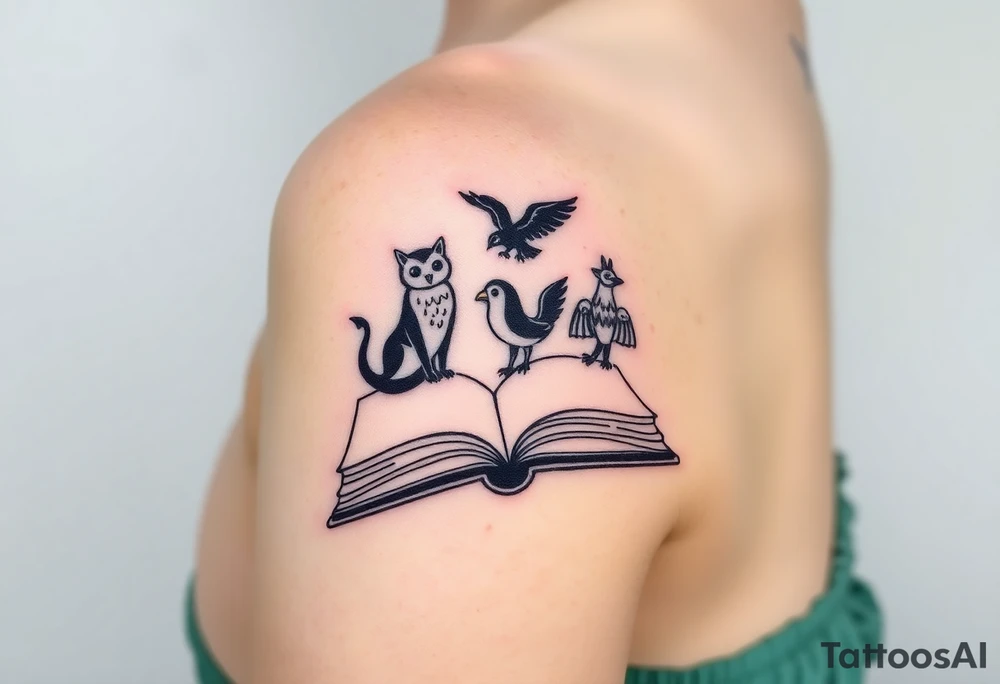 An open book with black silhouettes of a werewolf, an owl, a dragon & a phoenix above it tattoo idea