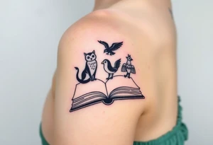 An open book with black silhouettes of a werewolf, an owl, a dragon & a phoenix above it tattoo idea