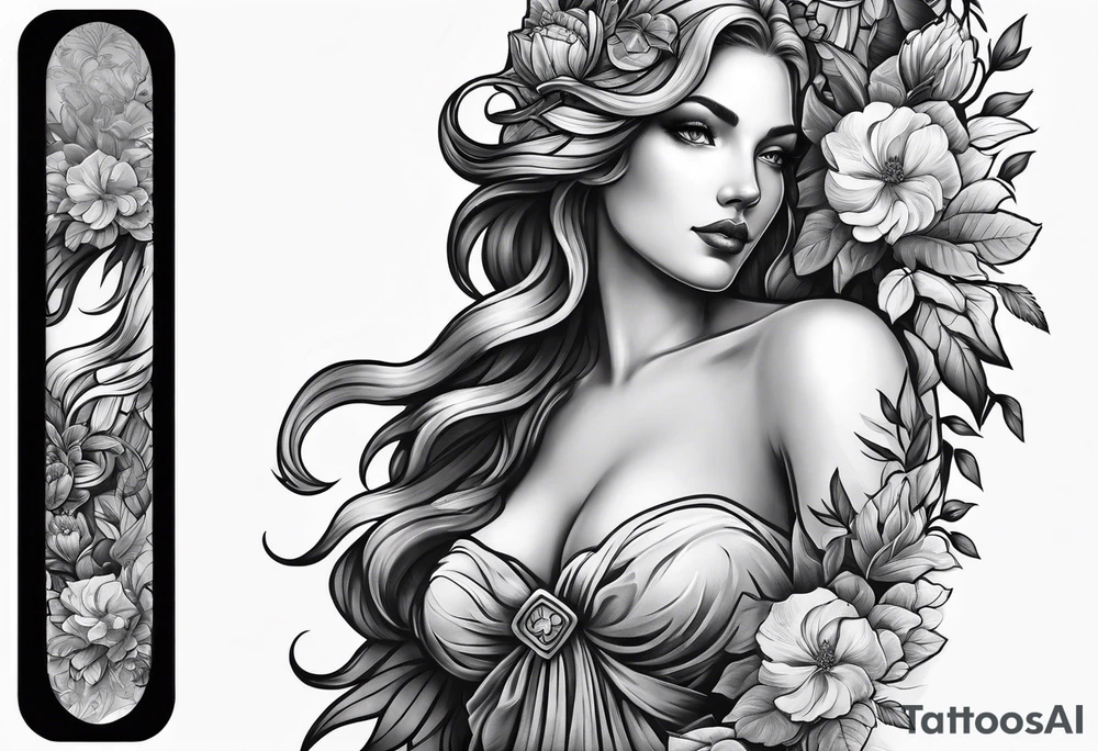 Sleeve with lady justice and flowers tattoo idea