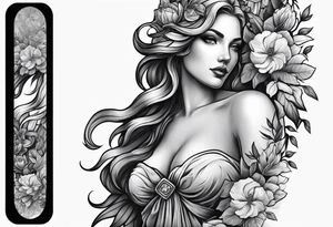 Sleeve with lady justice and flowers tattoo idea