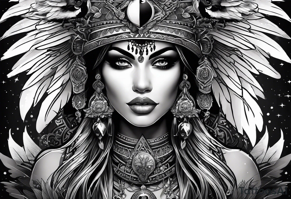 black kali, goddess pirate, alien, pachamama, valkrye, warrior, skull, lotus azul, wing, eagle, zenza resonance, stars, one side chest tattoo idea