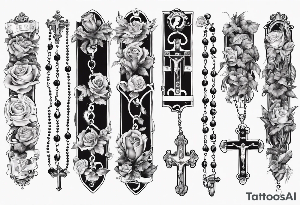 men’s arm sleeve, rosary, the name Peters, 1997, tattoo idea