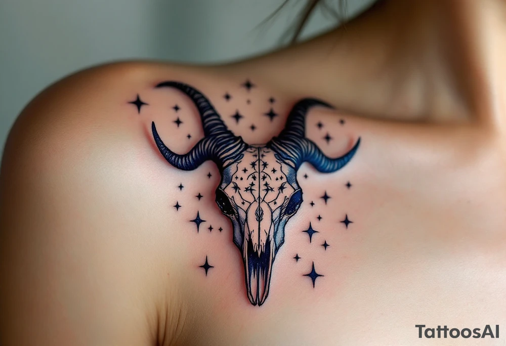 Bold black Capricorn stars constellation arch over a dark navy goat skull, blending astrology and mythology. tattoo idea