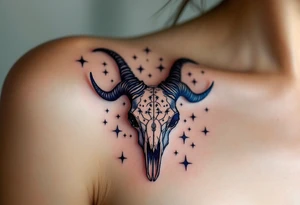 Bold black Capricorn stars constellation arch over a dark navy goat skull, blending astrology and mythology. tattoo idea