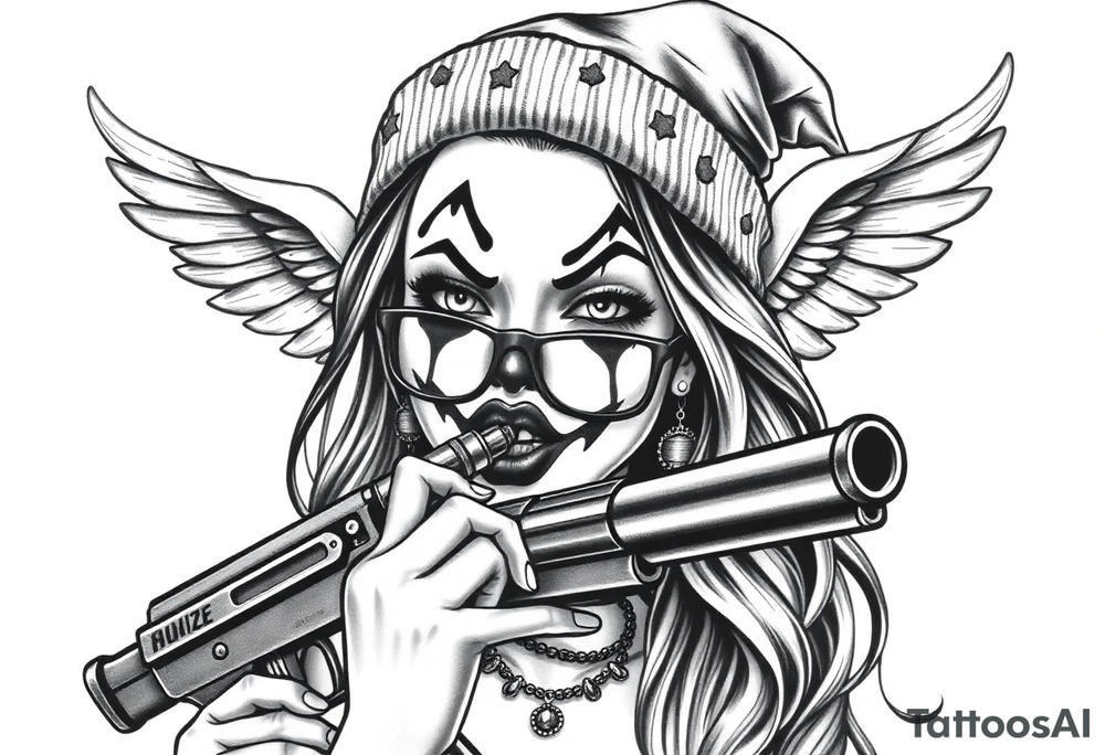 Chicana beautiful long hair clown makeup angel wings thug beanie eyeglasses licking a gun tattoo idea