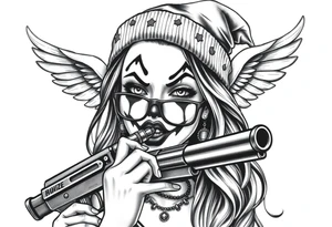 Chicana beautiful long hair clown makeup angel wings thug beanie eyeglasses licking a gun tattoo idea