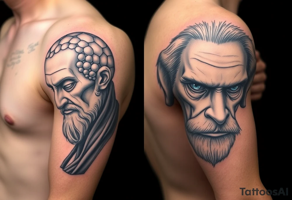 a male half sleeve with assymetric extensions above the elbow and till wrist. showing this sculpture of thanatos from wikipedia on one side and an old poised , calm and confident lio with battle scar over eye , blue eyes and the scar and a few whiskers in white on the other side. realistic style blended to create a bold half sleeve. the sculpture of thanatos is  real, peaceful old sculpture in stone on the wikipedia page with the area of it broken down in dotwork and texture creating depth and detail tattoo idea