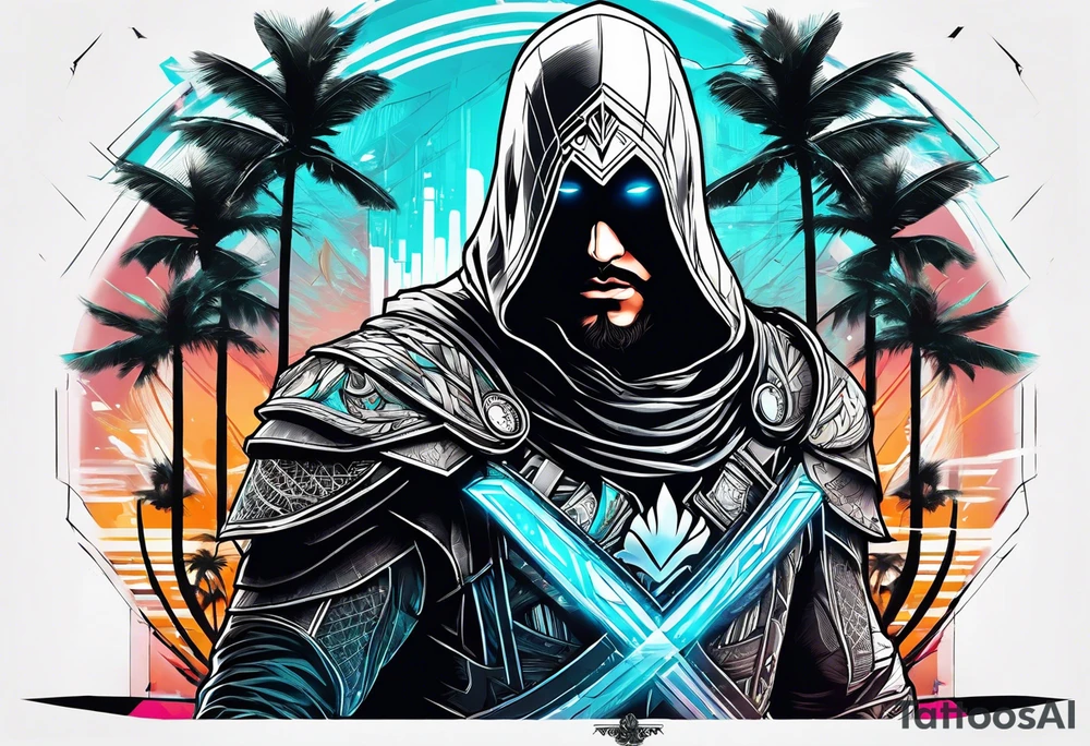 assassins creed character that is in the style of tron with palm trees tattoo idea