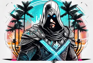 assassins creed character that is in the style of tron with palm trees tattoo idea