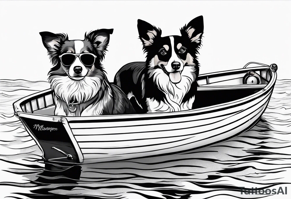 two dogs in a boat. One dog is tan with big ears like a chihuahua. The other dog is black and white and looks like an australian shepherd with floppy ears tattoo idea