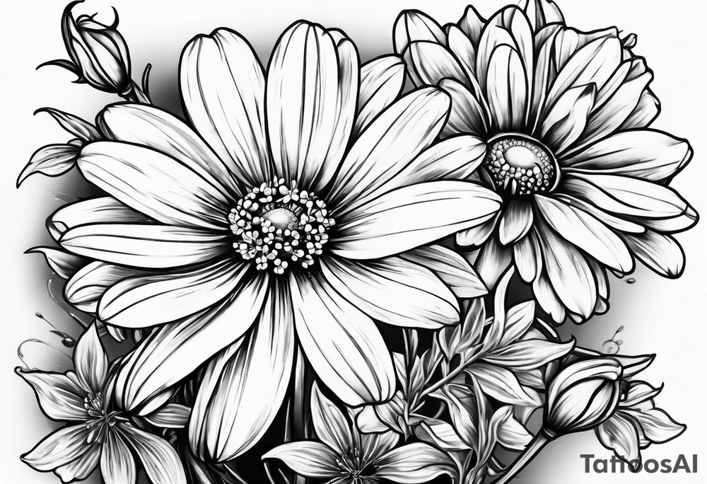 Daisy honeysuckle cosmos snowdrop tattoo idea
