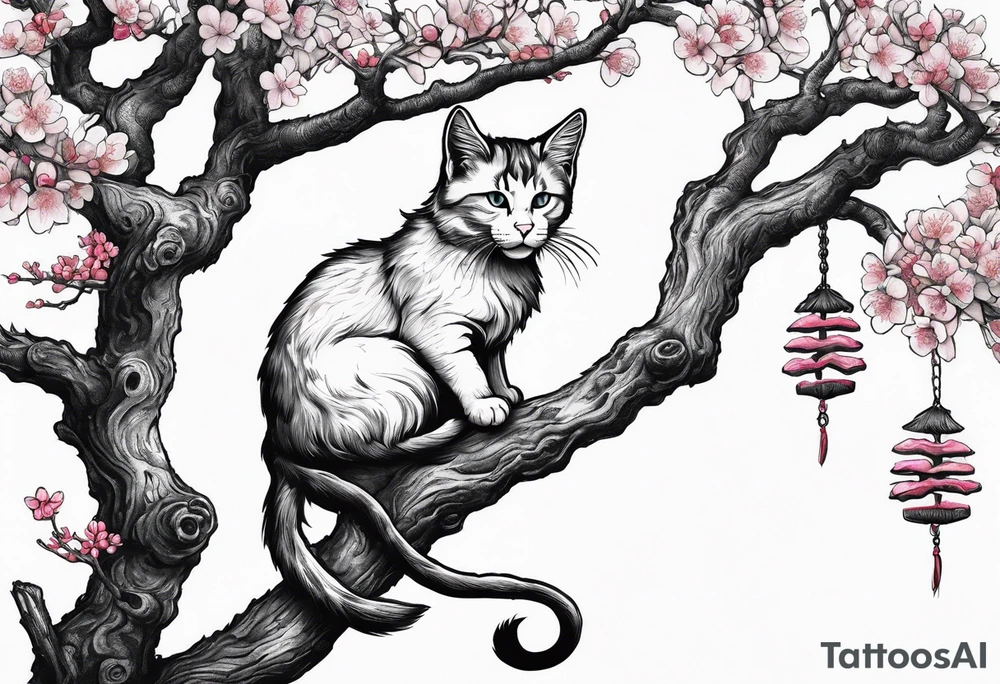 elongated cherry blossom branch meeting with a dying pine tree with hidden cute demon cat tattoo idea