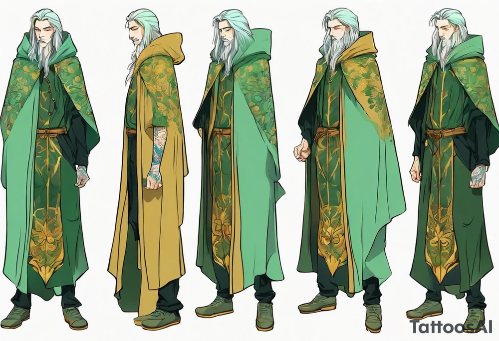 A tall, slender, beautiful man with mint skin, long multi-color hair. Wearing a medieval cloak of gold and green. tattoo idea