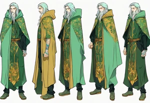 A tall, slender, beautiful man with mint skin, long multi-color hair. Wearing a medieval cloak of gold and green. tattoo idea