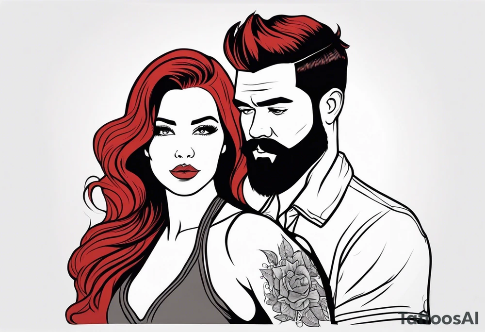 Busty red haired woman with a bearded man who has black hair tattoo idea