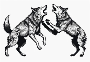 two wolves with their mouths closed and dancing on their hind legs. tattoo idea