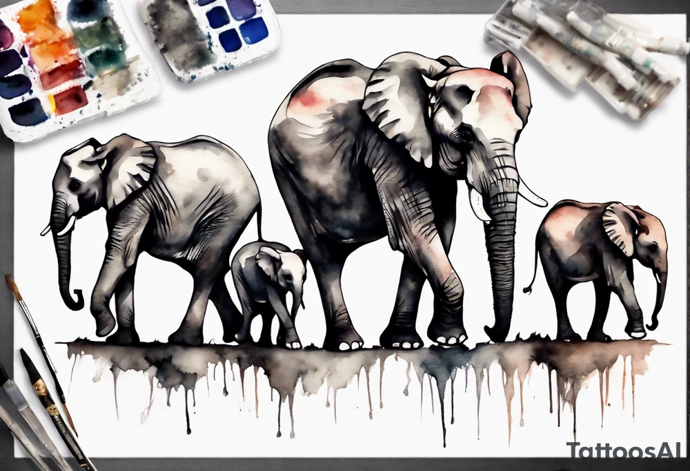 family of 6 elephants walking into sunset tattoo idea