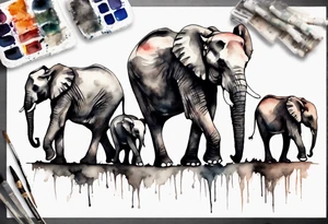 family of 6 elephants walking into sunset tattoo idea