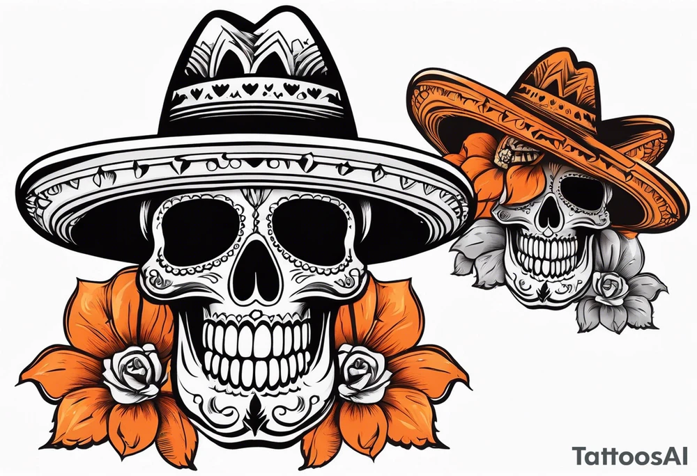 Mexican skull with sombrero with smoke coming out of the bottom orange and black tattoo idea