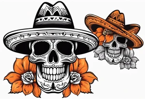 Mexican skull with sombrero with smoke coming out of the bottom orange and black tattoo idea