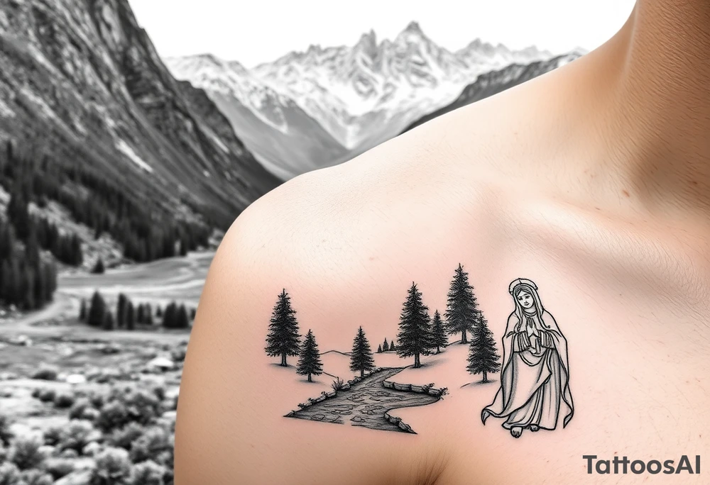 Mountainous valley with creek and a few trees with a Russian orthodox kazan scene covering my shoulder entering my upper arm with a Russian orthodox Virgin Mary tattoo idea