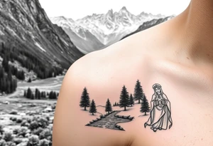 Mountainous valley with creek and a few trees with a Russian orthodox kazan scene covering my shoulder entering my upper arm with a Russian orthodox Virgin Mary tattoo idea