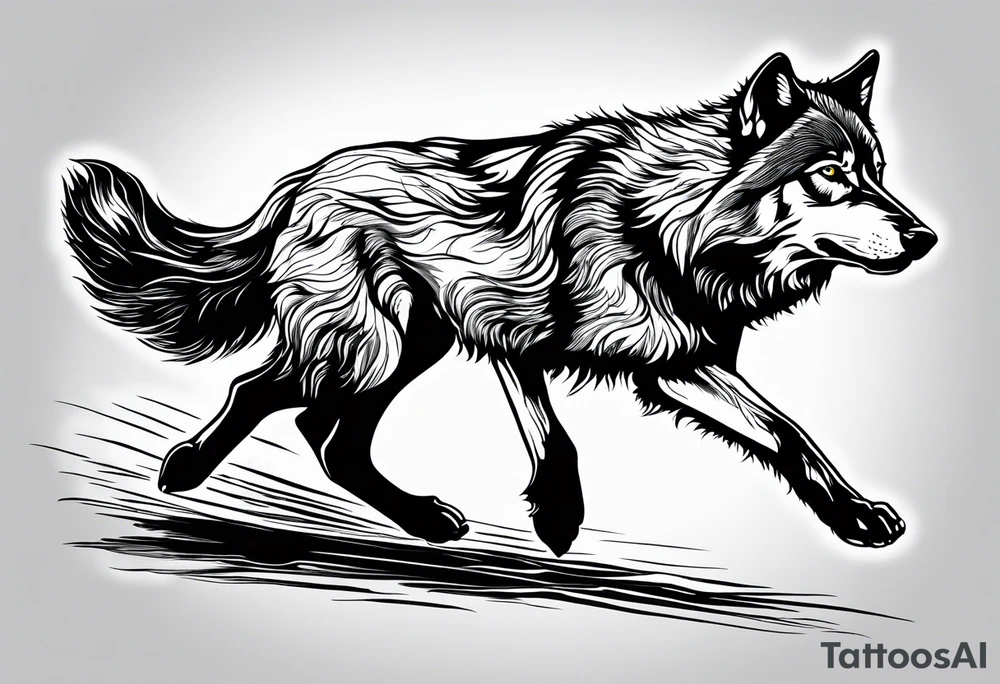strength, small, running young wolf, elegant, sun, lenghty tattoo idea