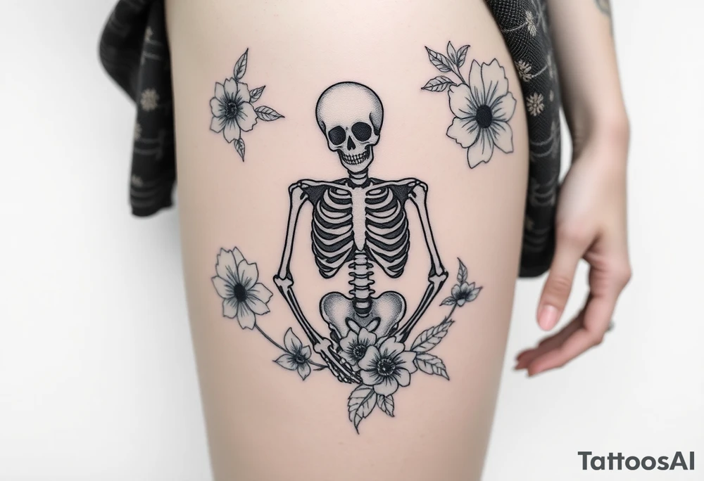 Pretty Nurse skeleton with peonies and honey combs tattoo idea