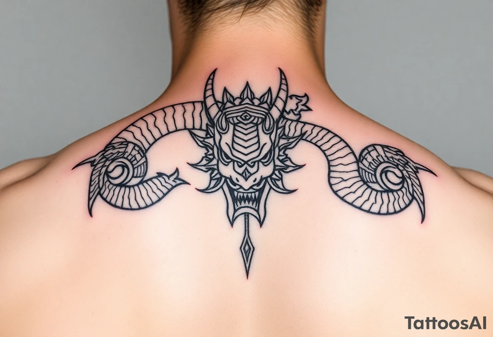 Tatuaje en espalda completa de la cabeza de un dragón demonio japones tattoo idea