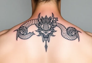 Tatuaje en espalda completa de la cabeza de un dragón demonio japones tattoo idea