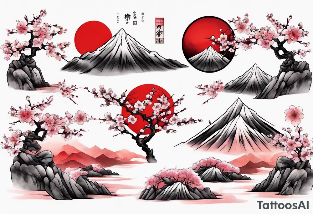 Cherry blossom red sun mountains landscape tattoo idea