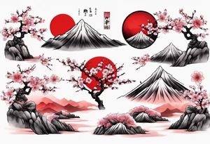 Cherry blossom red sun mountains landscape tattoo idea