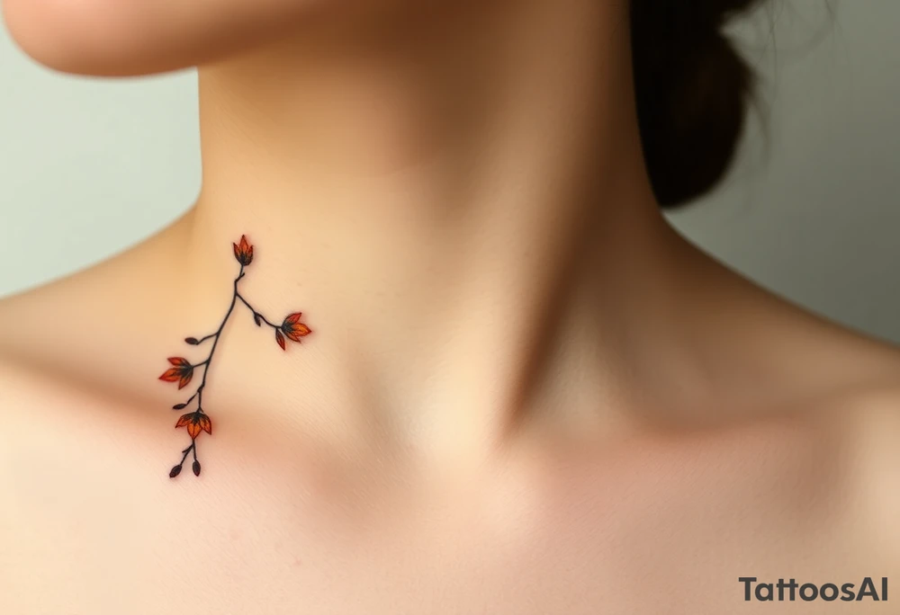 Two separate collarbone tattoos of long, stems and branches covered with red, orange, yellow and dark forest green leaves and flowers, fall themed, muted, delicate and gentle but moody, long and thin, following the collarbone. tattoo idea