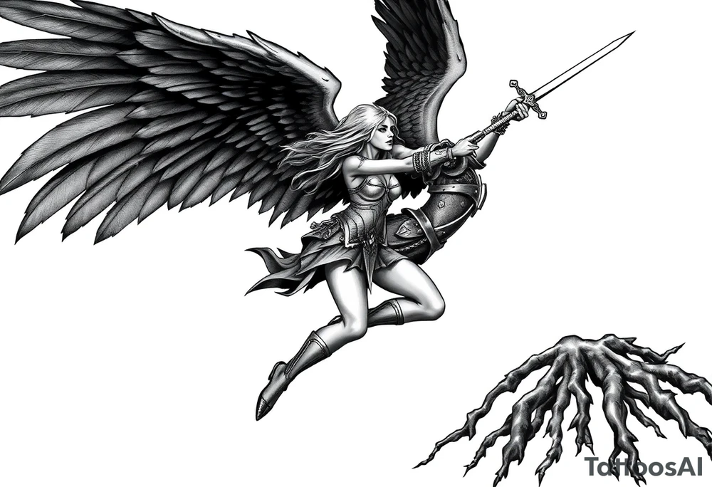 A fierce looking Valkyrie with very big dark wings. The whole body with legs should be visible.
She has armor.
She is flying towards the right, sword held high

She is screaming.
She is standing on roots tattoo idea