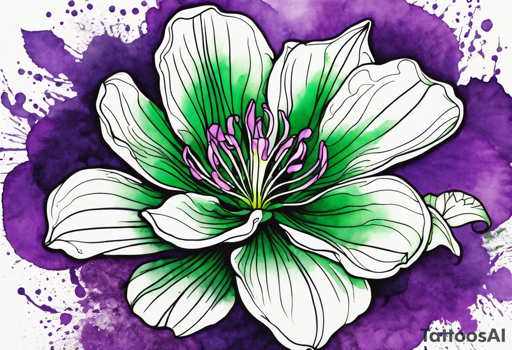 An outline of a rio dipladenia flower with a mystical green/purple watercolor splash in the background tattoo idea