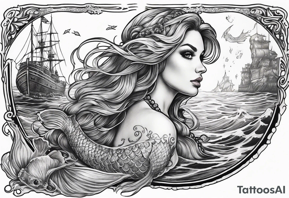 mermaid swimming next to a ghost ship tattoo idea