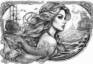 mermaid swimming next to a ghost ship tattoo idea