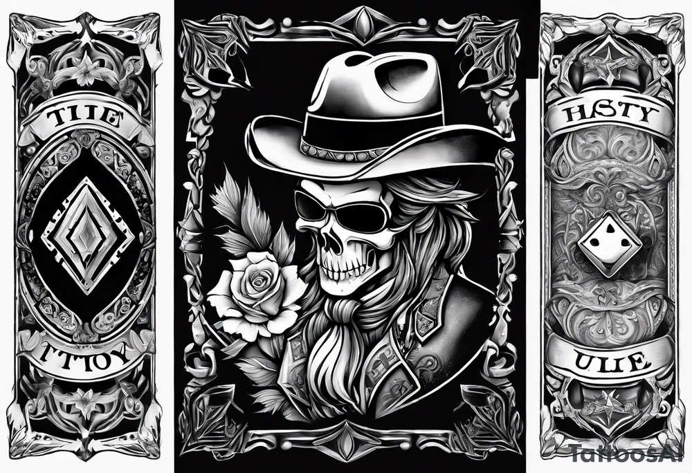 southern sleeve vibe with elements of a cowboy, playing cards, and dice tattoo idea