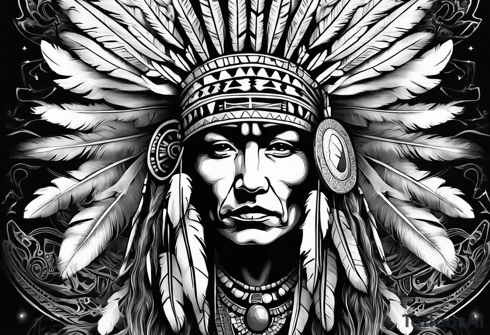 Native American wearing Headress Bones Praying tattoo idea