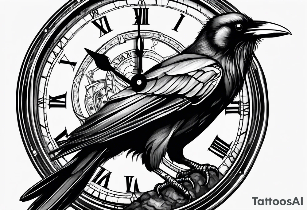 raven perched on clock tattoo idea