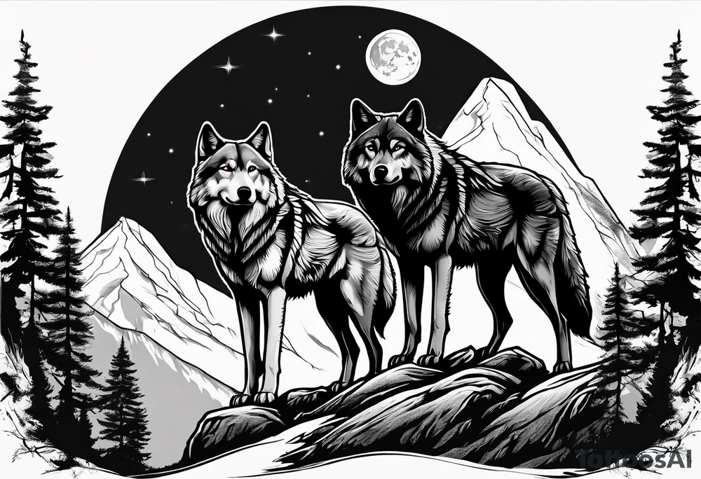 Mountain peaks
Two wolves
Moon
Dark woods
Trail tattoo idea Mountain peaks
Two wolves
Moon
Dark woods
Trail tattoo idea