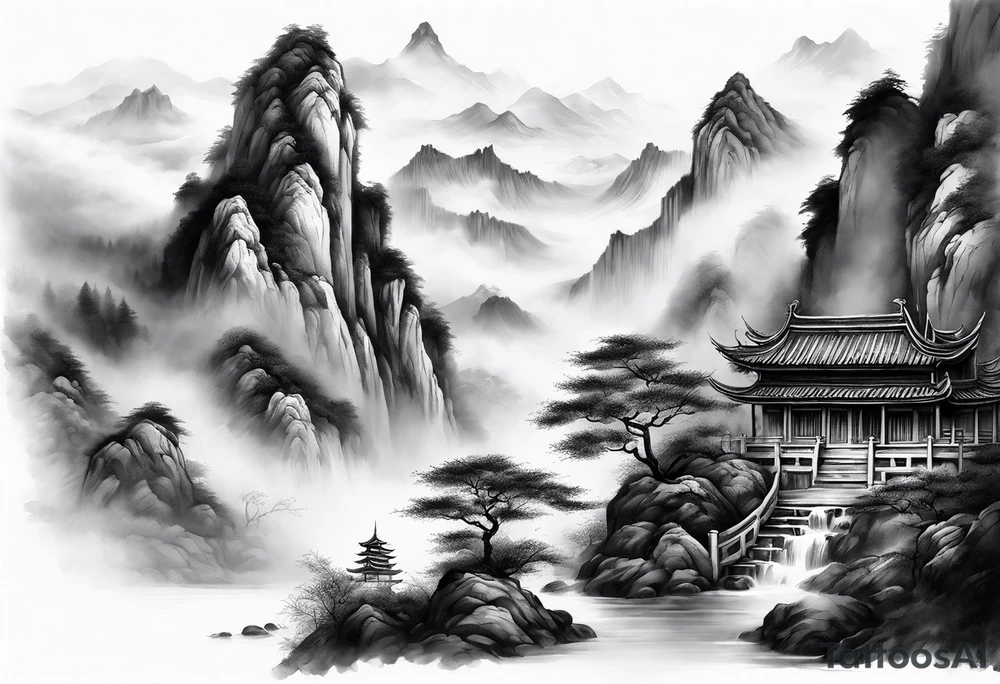 forearm sleeve traditional chinese art painting style mountains mist fog waterfall Chinese temple two old men wearing robes and drinking tea tattoo idea