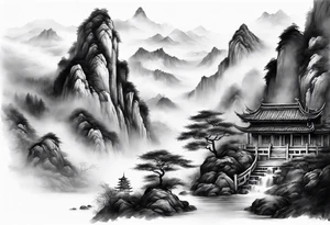 forearm sleeve traditional chinese art painting style mountains mist fog waterfall Chinese temple two old men wearing robes and drinking tea tattoo idea